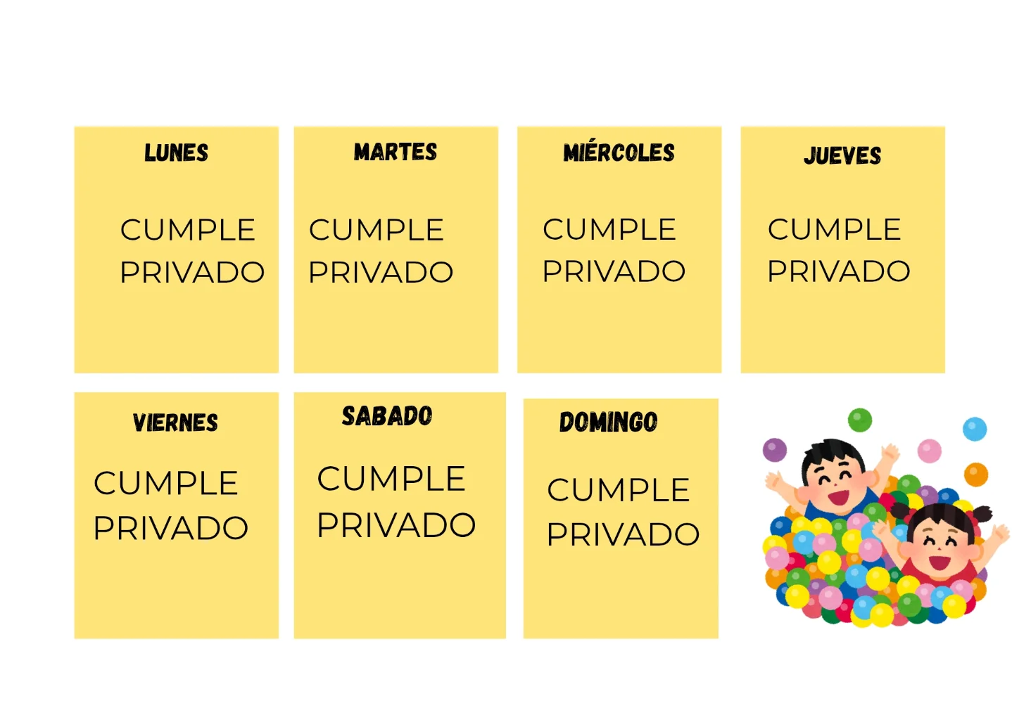 Calendario semanal de cumpleaños privados en Coffepark Alcoy